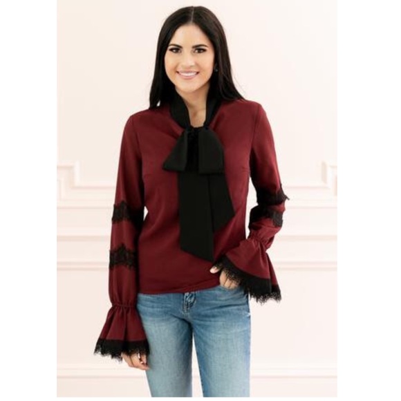 Rachel Parcell | Claret Tie Front Burgundy Blouse - Picture 3 of 8